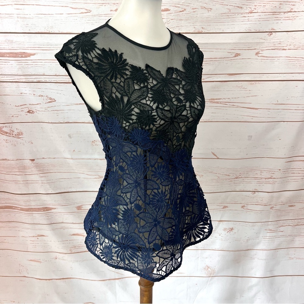 Anthropologie Deletta Guipure Lace Asymmetrical Ombre Sheer Peplum Blouse - Picture 5 of 11